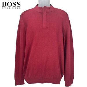Boss Hugo Boss Men's Large Maroon 1/4 Quarter‎ Zip Pullover Sweater Cotton Wool